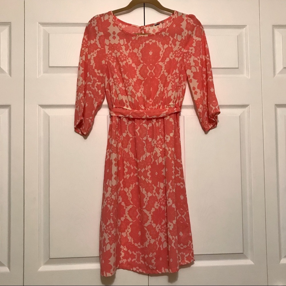 H&M Light Coral Floral Print 3/4 Sleeve Dress